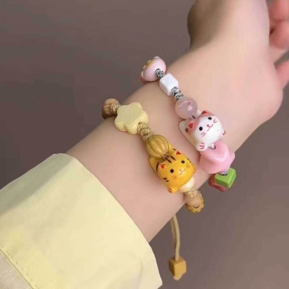 Fresh Yellow Ceramic Kitten Handmade Braided Drawstring Design Niche Sweet Girl Bracelet 2d0