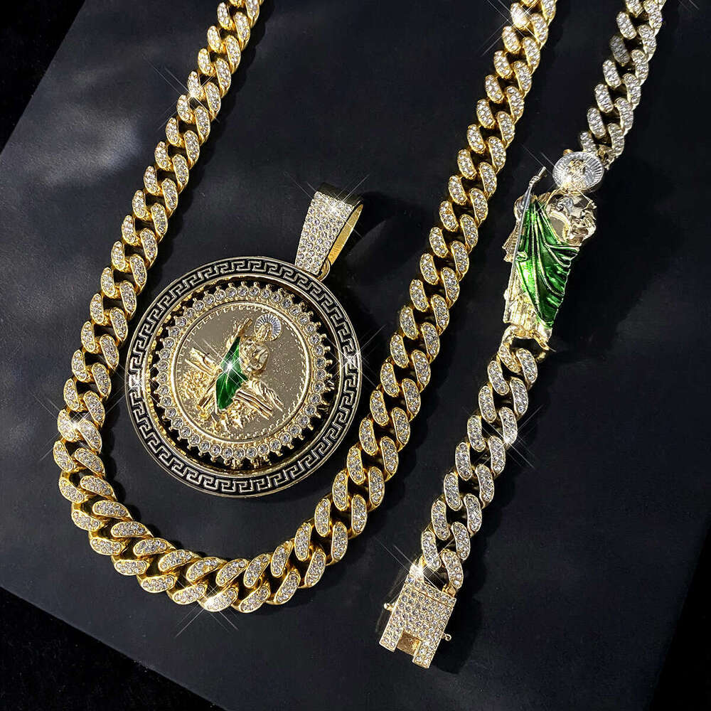 Ins Niche Men Hip-Hop Style Alloy Full Dia Trendy Rotating Saint Jude Pendant Necklace