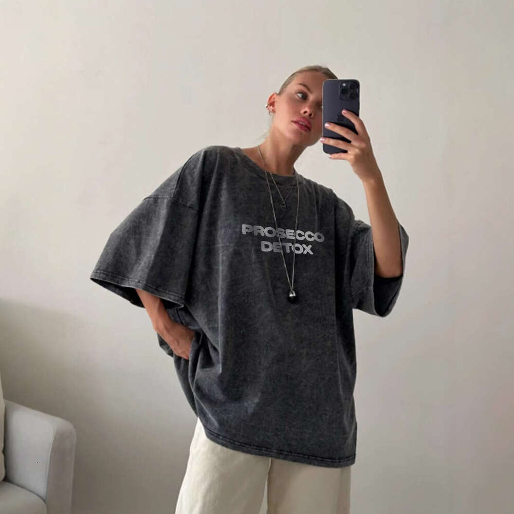 Loose Fit Letter Print Short Sleeve T-Shirt For Women Summer New Washed Vintage Design Base Shirt Ins B5