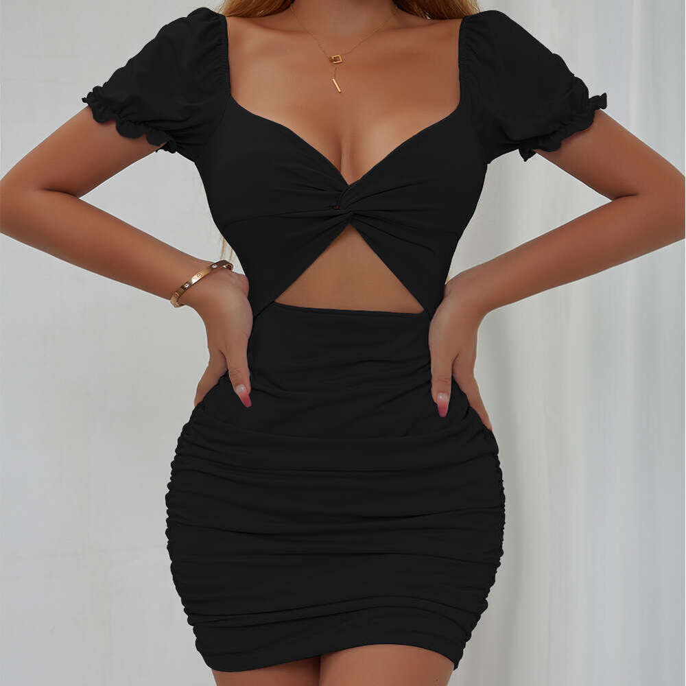 New Women's Fashion Sexy Hollow Out Ruched Puff Sleeve Bodycon Dress B5
