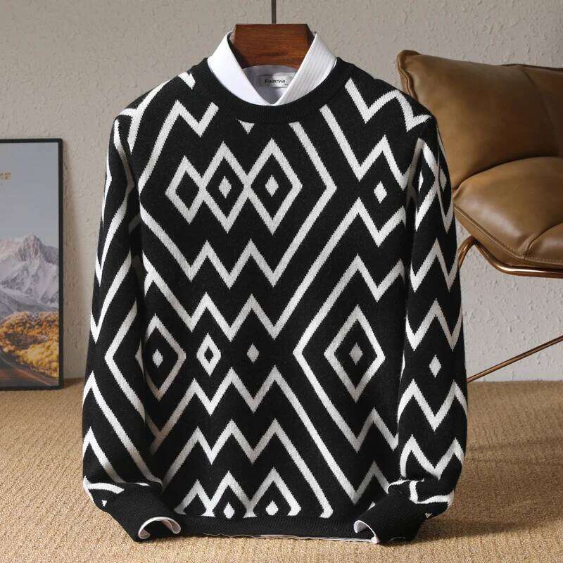 Men's 100% Merino Wool Sweater O-Neck Knit Dia Jacquard Pullover Cashmere Thickening Top Long Sleeve Jumpers Autumn Winter MDNG