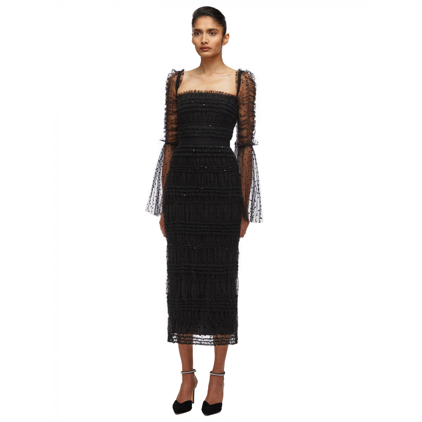 K729Black transparent mesh trumpet sleeve square neck waist dress elegant temperament evening dress
