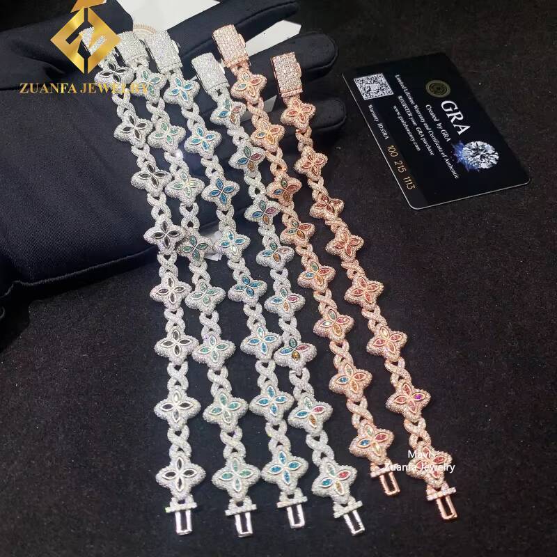 Iced Out Hip Hop 15MM 925 Sterling Silver Infinity Colored Moissanite Clover Bracelet Custom Cuban Link Bracelets for Men