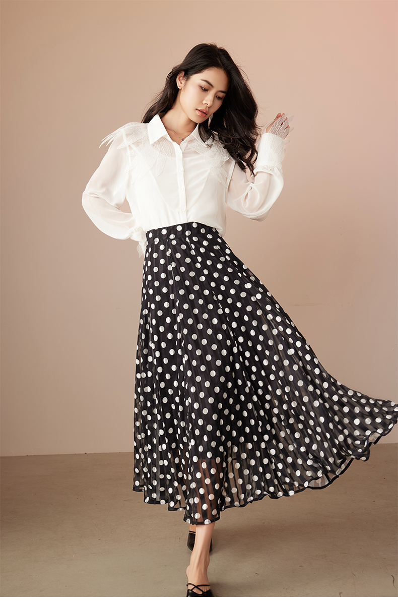 Womens Tulle Skirt White Polka Dot Midi Skirts Elastic High Waist Pleated Mesh Flowy A-Line Skirt Wedding Party Outfit 6111682