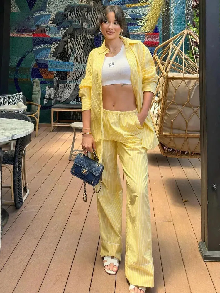 Women Yellow Stripe Blouse Pant Suit Loose Long Sleeve Shirt Drawstring Trousers Female Fashion Streetwear Outfits 250730