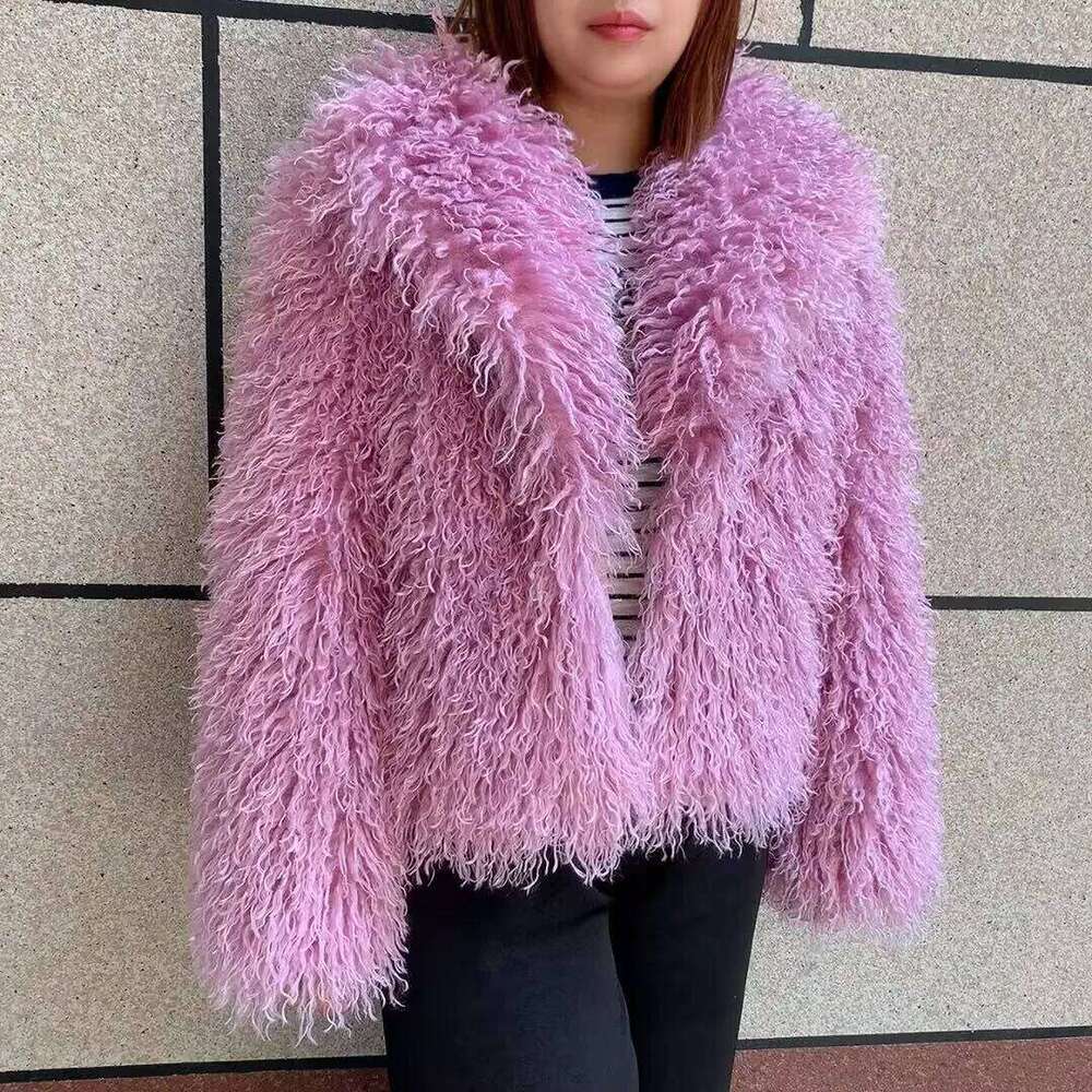 LHXDW Women's fake Mongolian fur coat with big collar, autumn and winter fashionable faux fur coat, beach wool jacket
