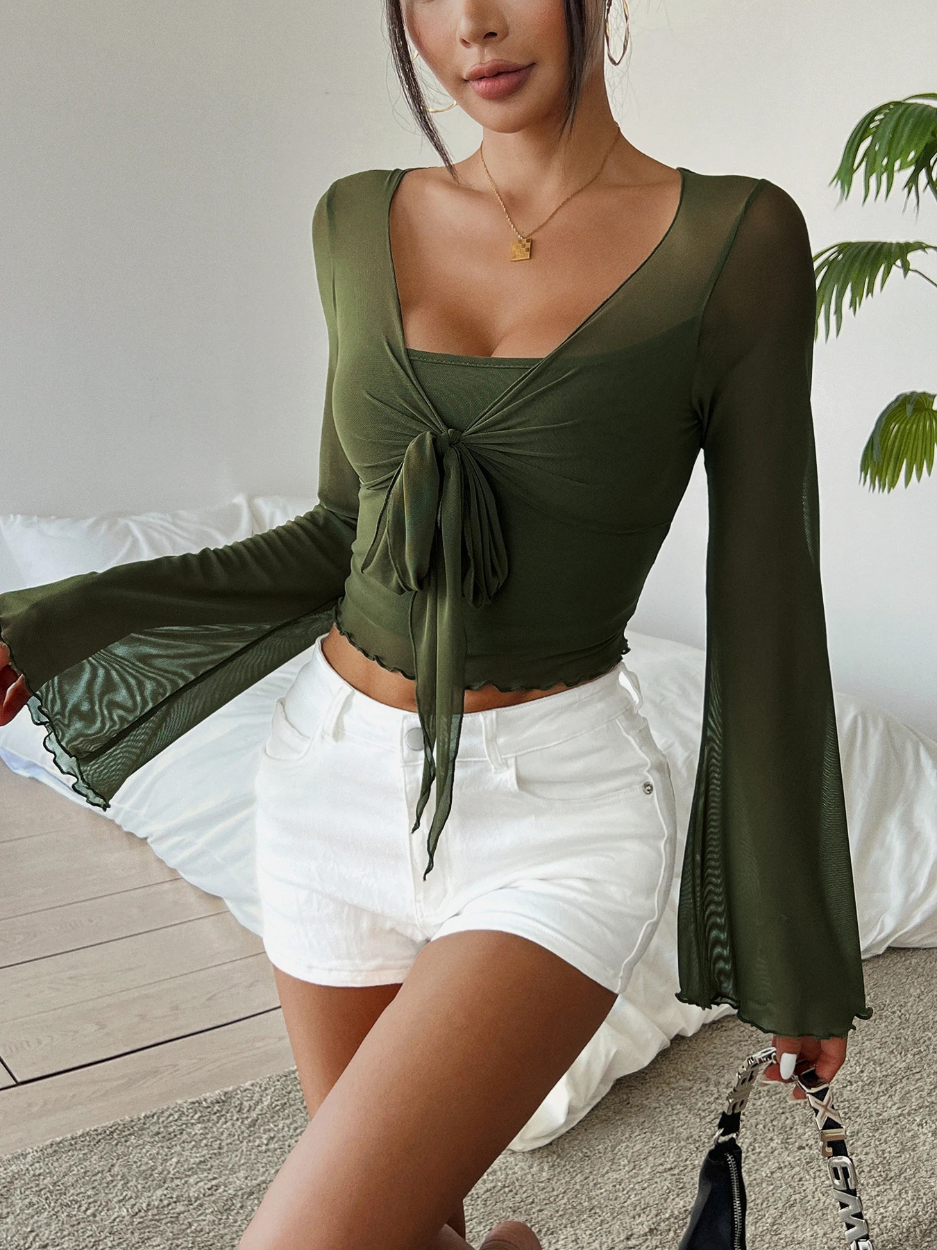 Solid Color Vneck Ruched Tshirt Elegant Flare Sleeve Tie Front for Spring Fall Womens Clothing 250729