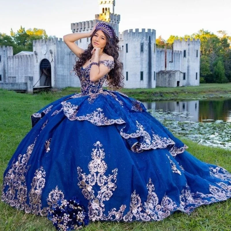 Royal Blue Shiny Off the Shoulder Quinceanera Dresses Ball Gown Applique Lace Beads Tull Princess Sweet 16 Dress Vestidos De 15 Anos