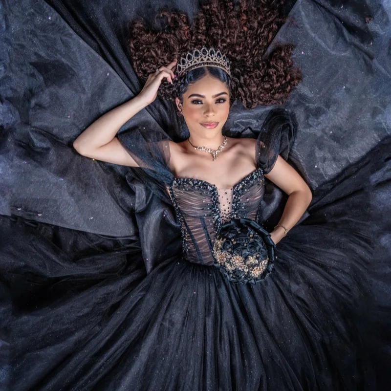 Black Shiny Quinceanera Dresses Off The Shoulder Beads Bow Tull Princess Sweet 16 Dress Birthday Party Vestidos De 15 Anos