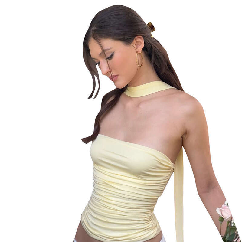 Y25tp146 Women's Fashion Summer New Solid Color Halter Neck Ribbon Strapless Sexy Tank Top B5