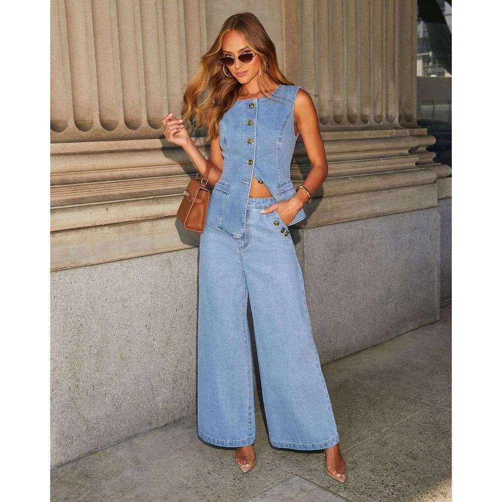 Women's Clothing Temperament Button Sleeveless Vest Wide Leg Jeans Denim Suit