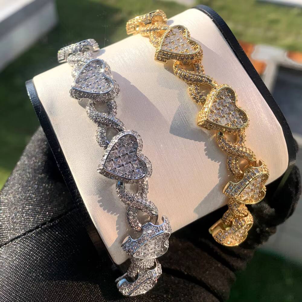 Heart Design Fashion Chain Link Bracelets Moissanite-Iced Out Hip Hop Style Brass Cuban Link Bracelets