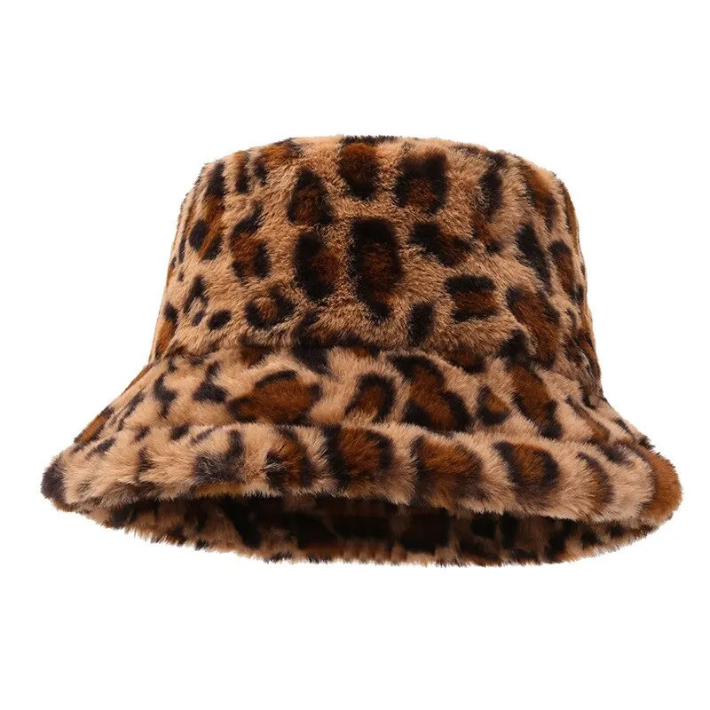 Leopard Print Hat Woman Winter Show Face Little Fisherman Hat Woman Versatile Warm Pot Ins Plush Bucket Hat 250724