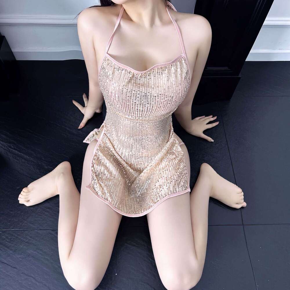 Lingerie Sexy Nightclub Uniform Sequin See-through Halter Neck Split Dress Women Pure Nightdress