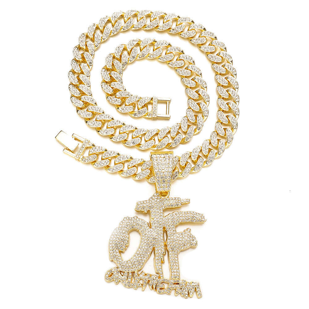 New Alloy Cuban Chain Hip Hop Full Rhinestone OTF Letter Necklace Pendant Fashion Straight Hair