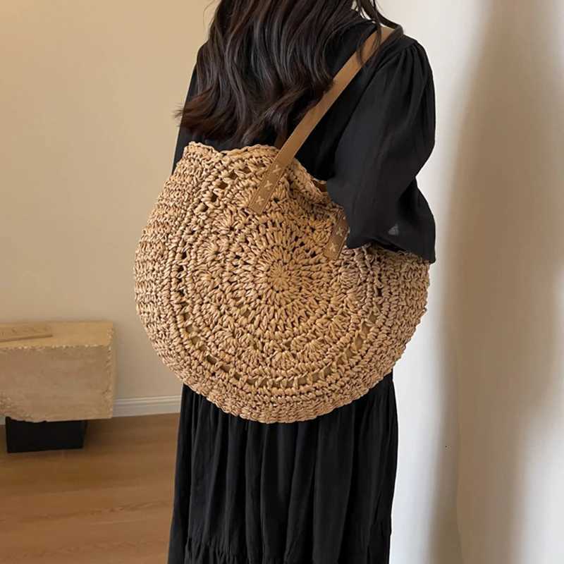 Women Boho Woven Handbag Summer Beach Tote Straw Bag Round Rattan Shoulder Bag G250729