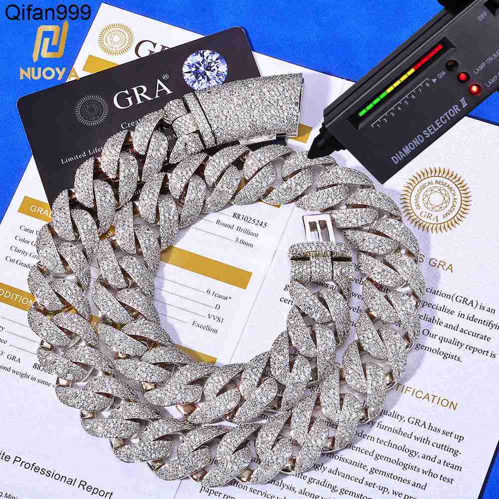 NUOYA 15mm Curved Flip Buckle Cuban Chain 925 Silver Full Iced VVS Moissanite Necklace Mens Heavy Duty Luxury Hip Hop Jewelry