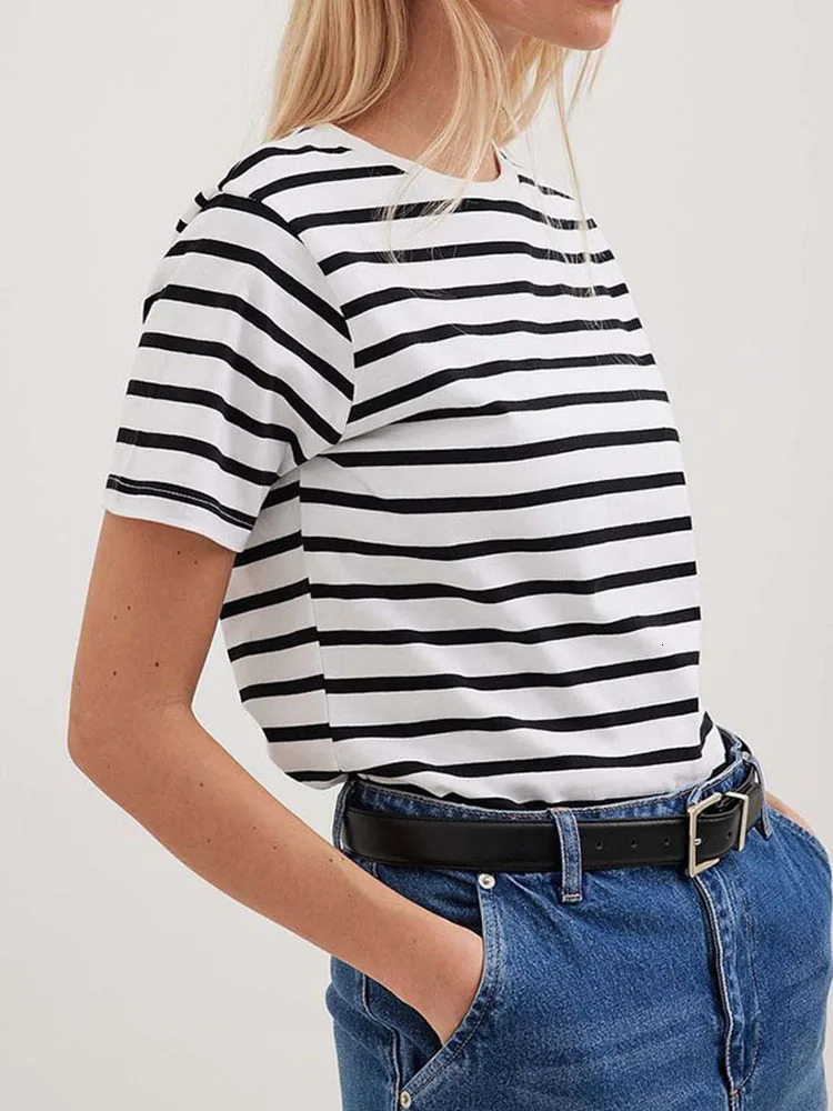 Summer Short Sleeve Striped TShirts Women Knitted Basic Casual Tops Female Cozy Loose Cotton Tee 2023 Harajuku Shirt 250724