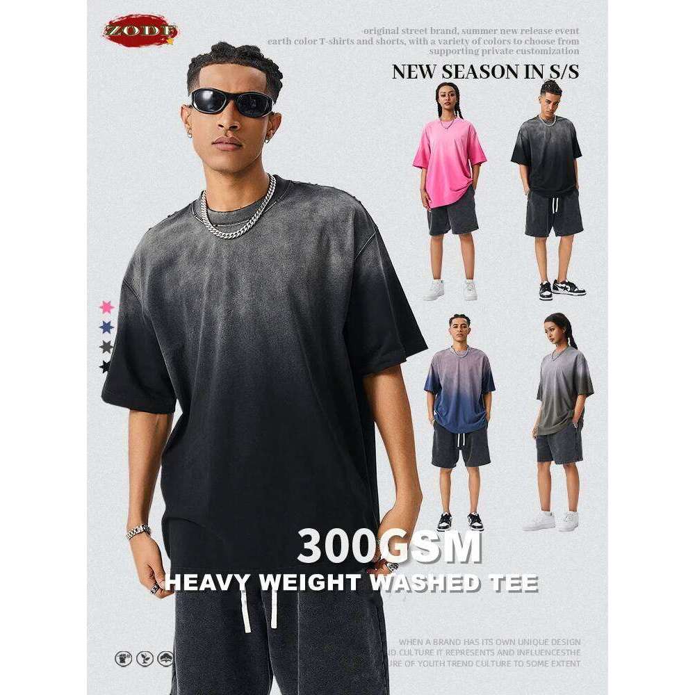 ZODF New Men's Summer Washed Gradient Cotton T-Shirts Unisex Women Retro Distressed 310gsm Ripped T Shirt Brand Tops HY0859