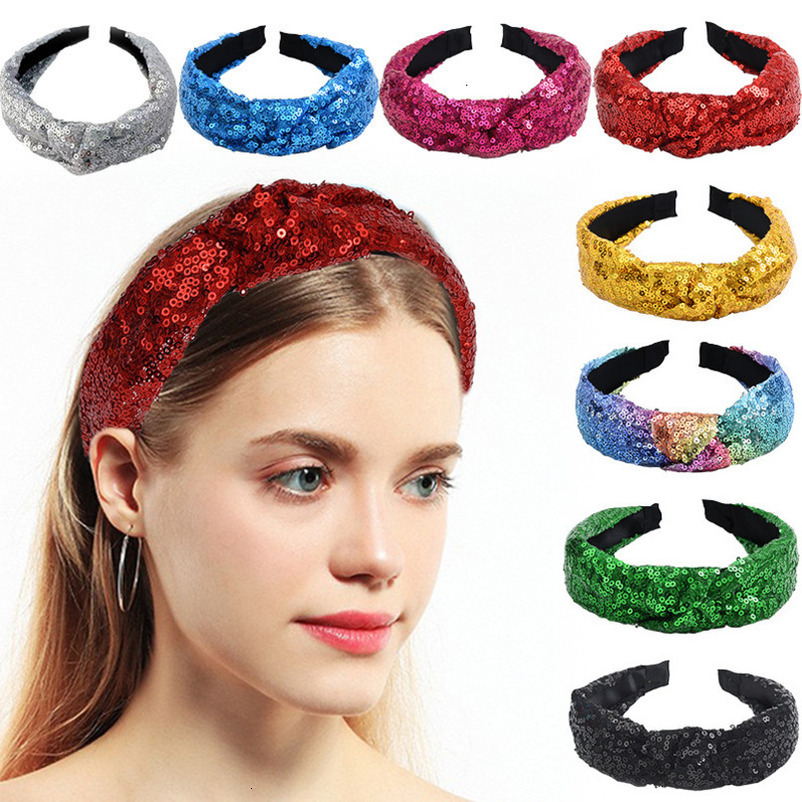 Simple Knot Cross Bow Colorful Sequin Women's Elegant Fabric Headband Hair Accessory