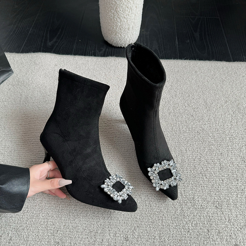Thin Pointy Black Short Female Thin Autumn-Winter New Style Rhinoceles Square Buckle All Build High Heel Stretch Boots 2025