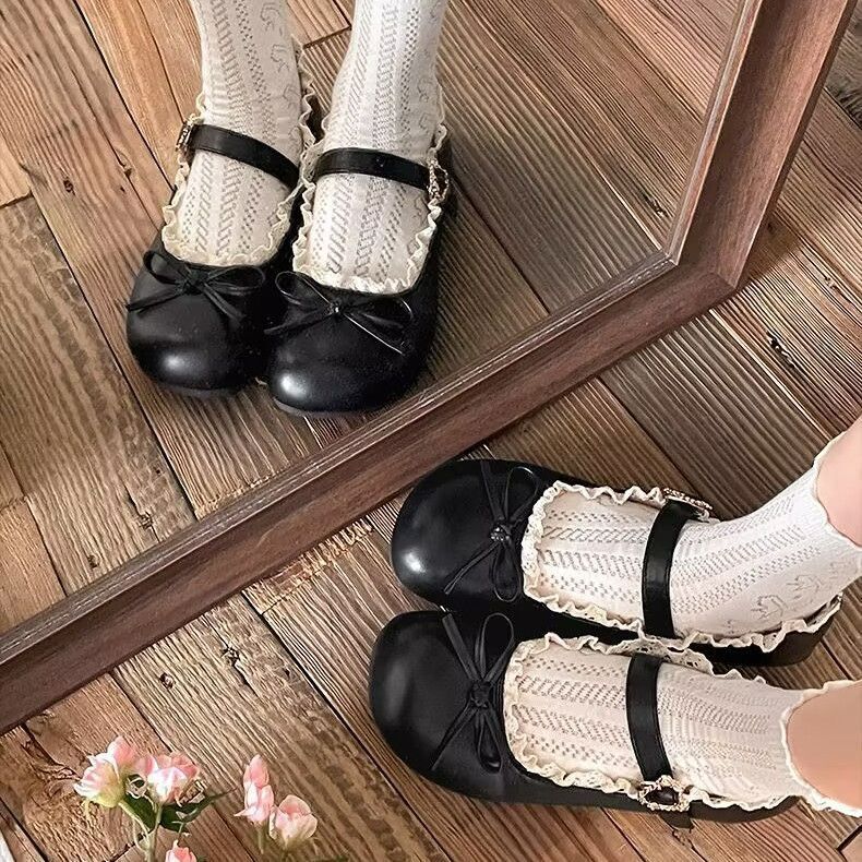 Round Toe Bowknot Flat Leather for Women 2025 New Spring Autumn French Style Soft Sole Mary Jane Shoes to Match Skirts ddmysaturn