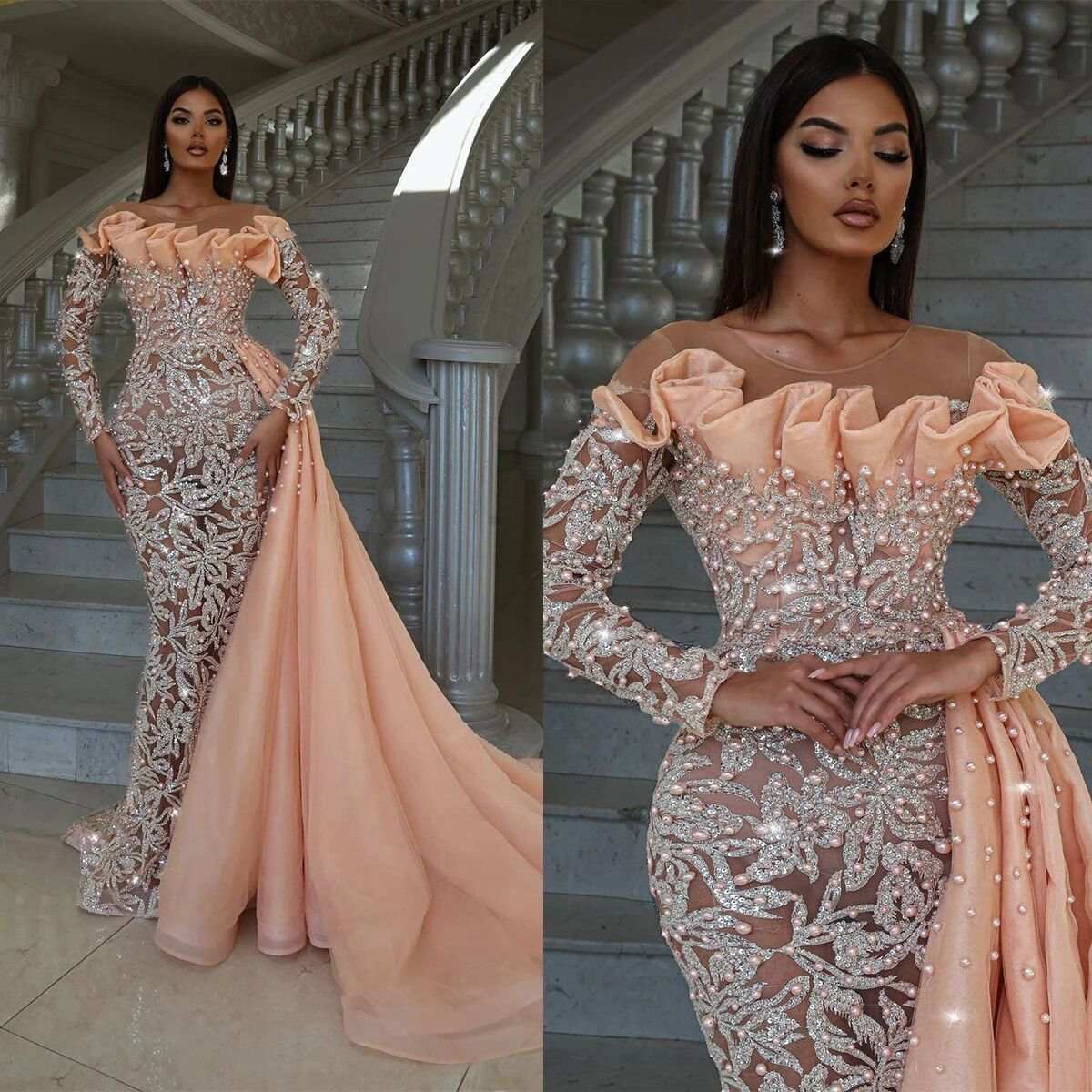 Luxurious Mermaid Evening Dresses Crystal Pearls Sheer Prom Gowns Customized Illusion Special Occasion Party Dresses