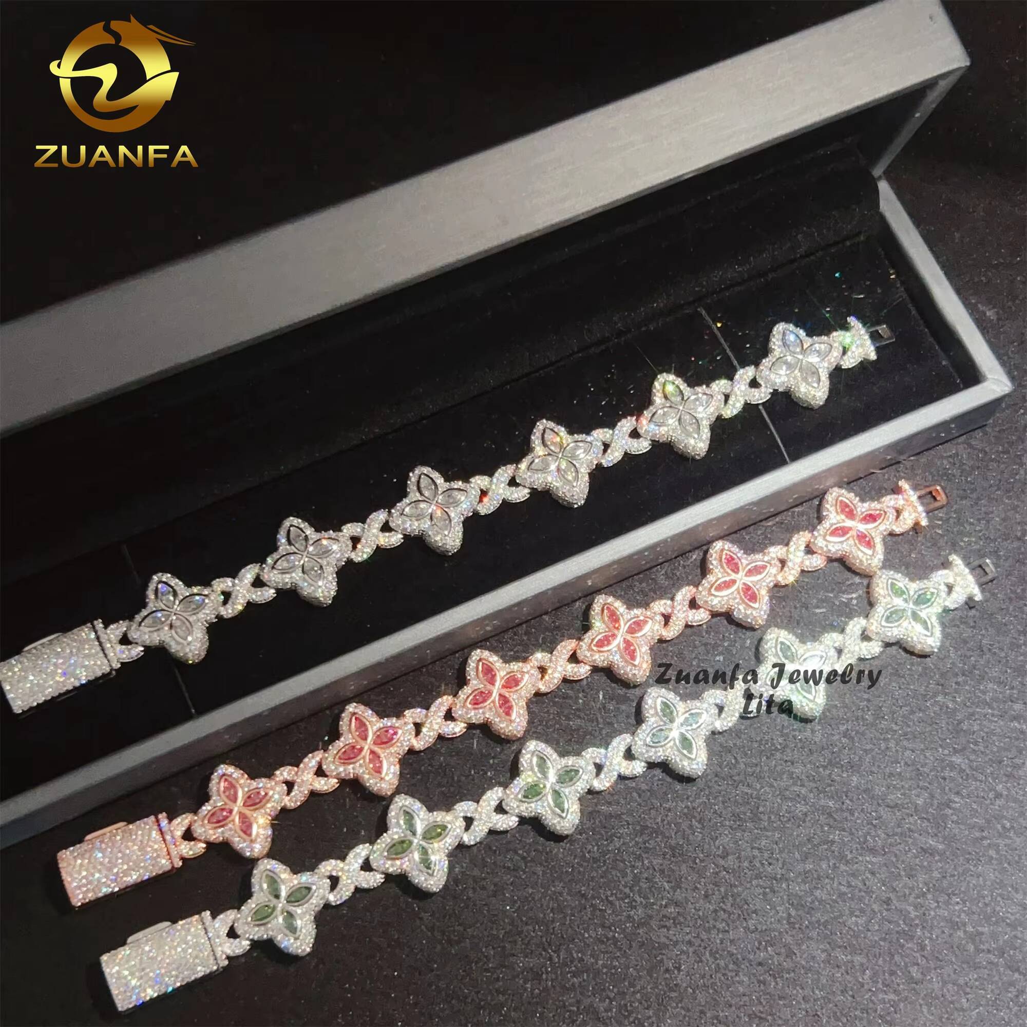 Hot Selling Hip Hop Color Marquise Cuban Link Chain Infinity 925 Silver Moissanbite Diamond Clover Bracelet