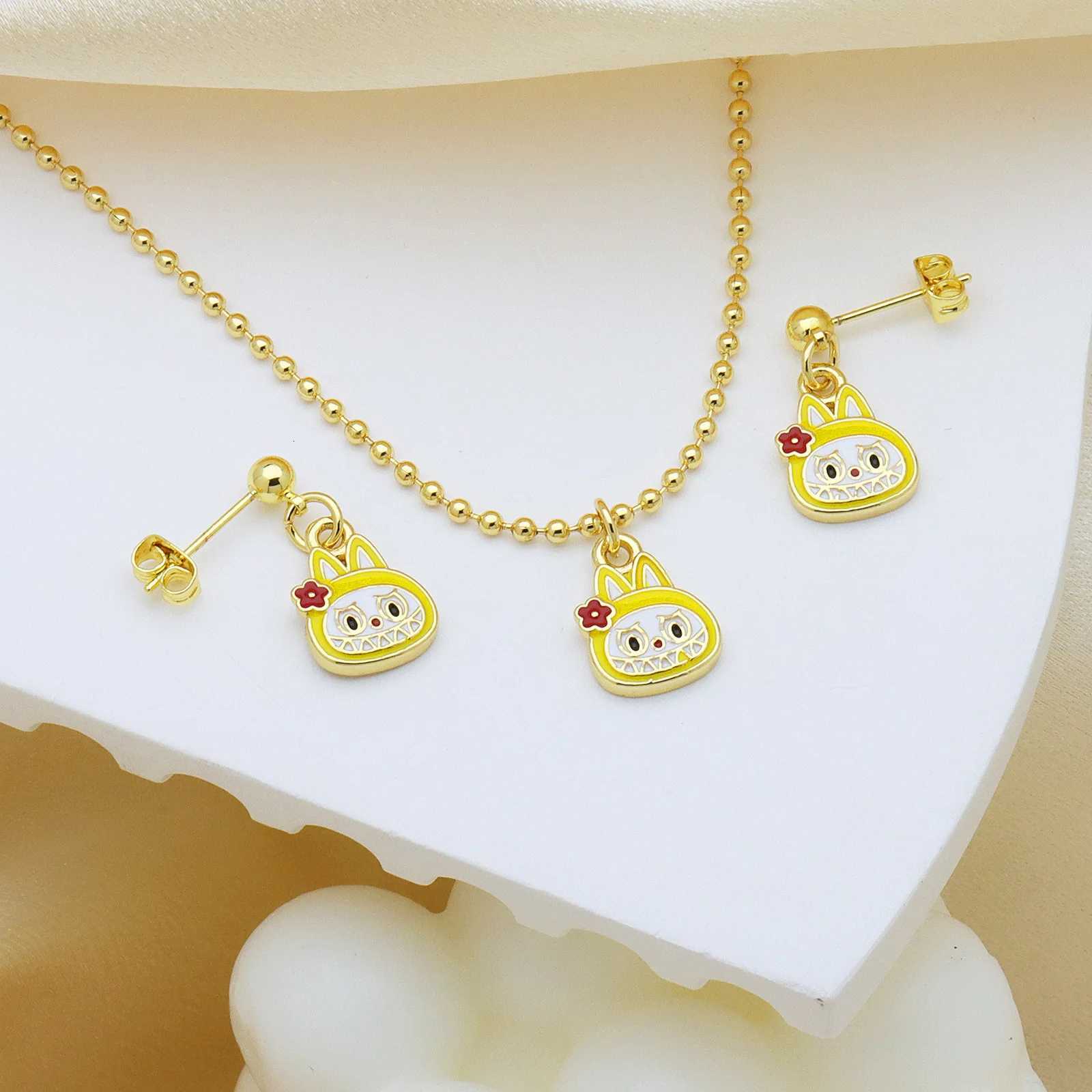 New Trend Cartoon Necklace Earrings Set Round Bead Chain Anime Brass Drip Oil Cute Ear Hanging Earrings Jewelry Set for Women Y250730