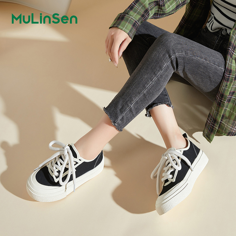 Mulinsen canvas shoes women's 2025 new spring and summer thick-soled black sneakers breathable sports casual big-toed shoes