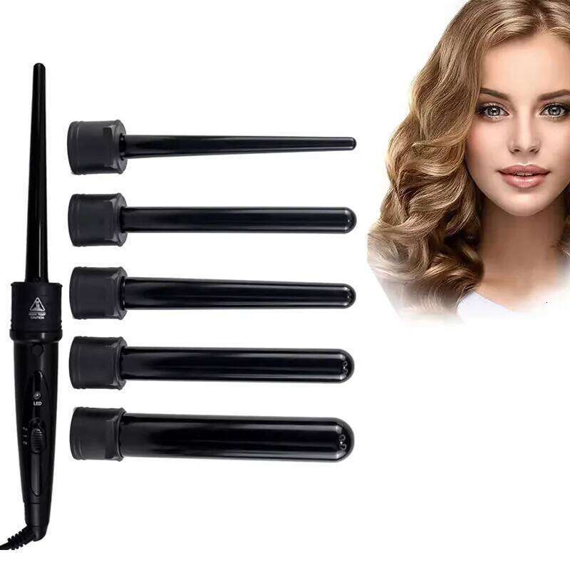 Professional Hot Tool Curling Iron Wand Set Replaceable 5 in 1 Rotating Hair Curler