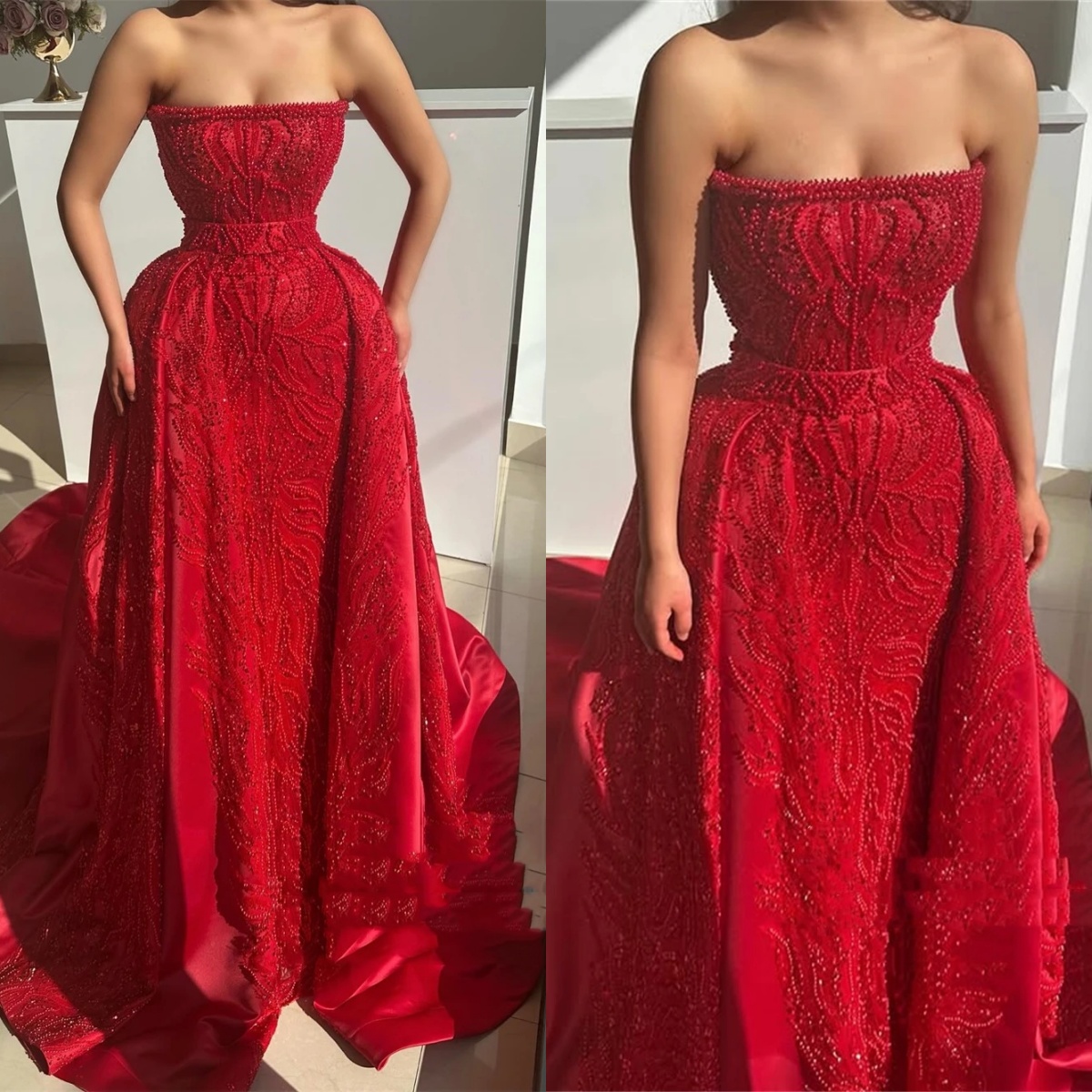 Classic Evening Dresses For Women Strapless Sleeveless Gown Beaded Sequins Detachable Train Dress Party Customized Dress