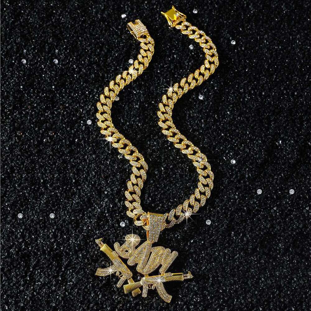 Full Dia Double Gun Letter Pendant Fashion Creative Hip Hop Personality Alloy Cuban Chain Jewelry Necklace Direct
