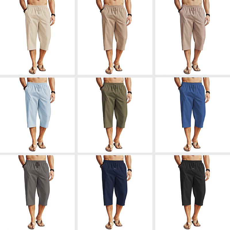 Men's sports mid-waist drawstring solid color beach cropped pants lightweight casual pants