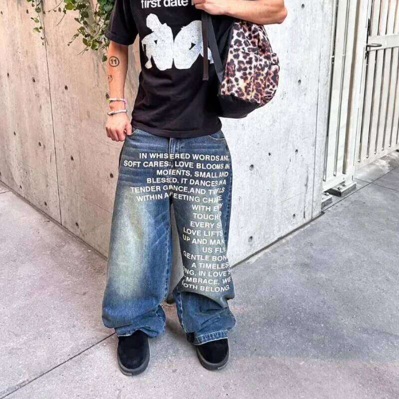 American Retro Patterned Alphabet Jeans Personalized Street Clothing Y2k Goth Men And Women Fashion Casual Pants