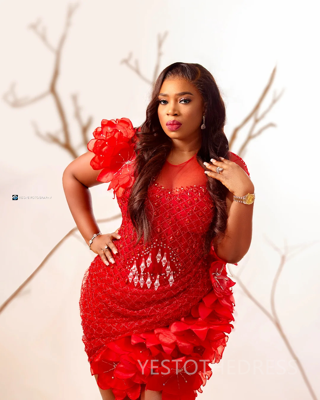 2025 Plus Size Red Cocktail Dress For Women Sheer Neck Short Sleeves Flora Appliqued Beaded Lace Homecoming Dress Short Mini Gown For African Black Gi
