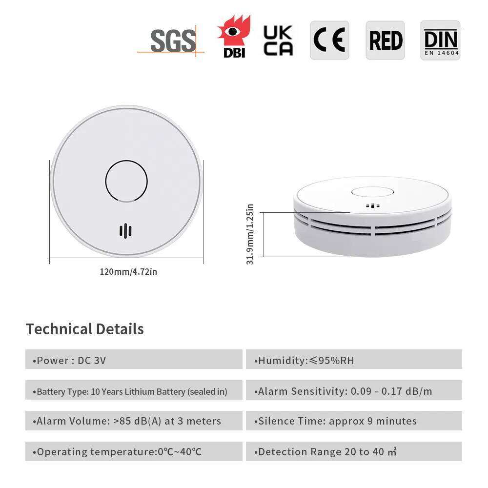Wi-Fi Smoke Alarm V-Come Wi-Fi Smart Detector Tuya APP Control, WiFi Alarm with Sealed 10-Year Li-Battery, CE En 14604 VS02W