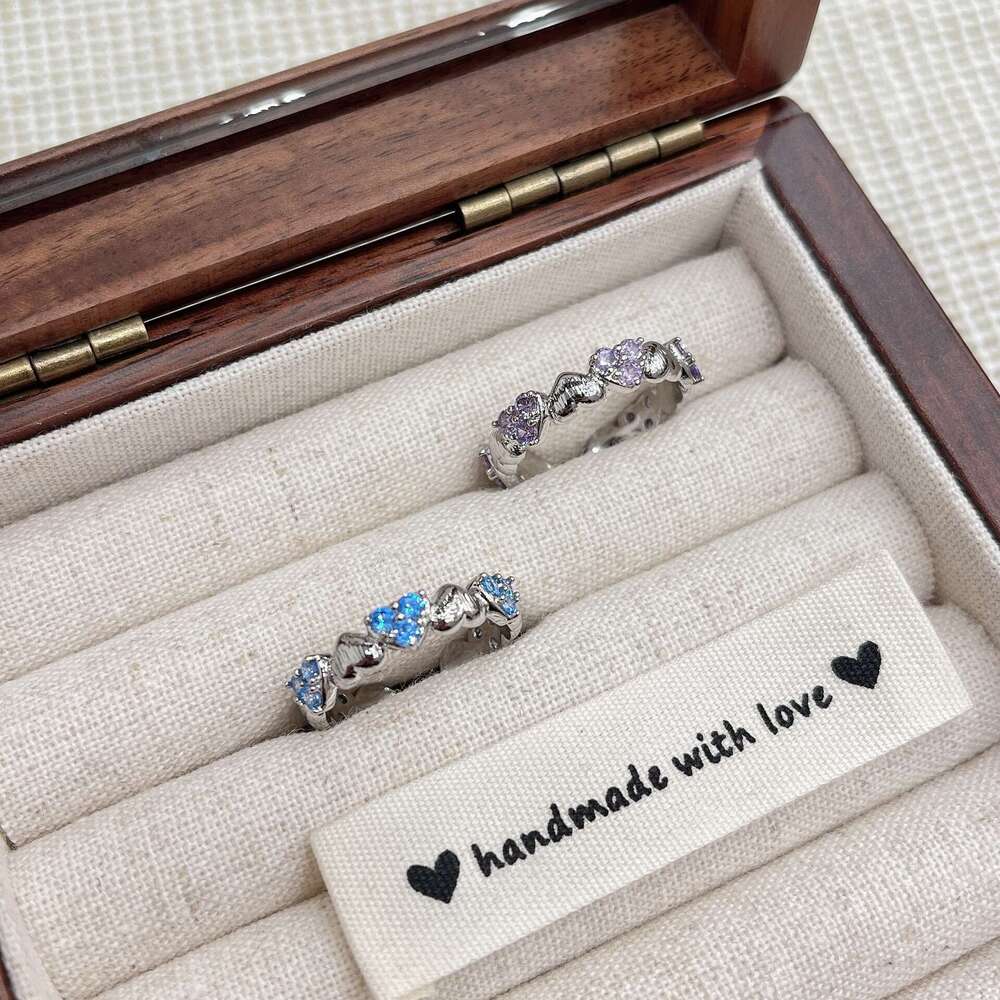 TikTok Korean Style Niche Heart-shaped Sea Blue Purple Diamond Ring with Fresh and Simple Design 684