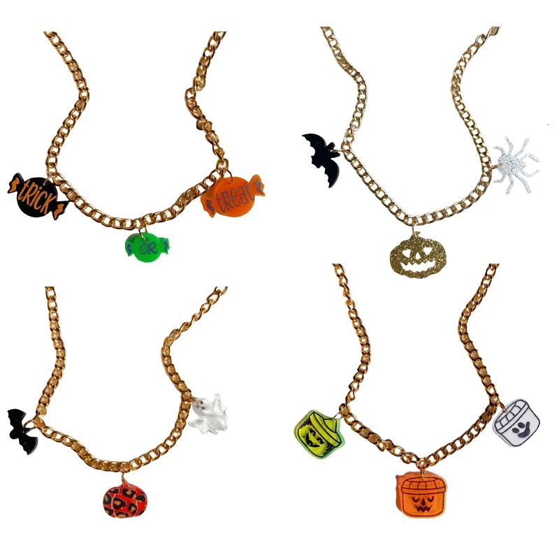 Halloween acrylic pendant necklace bat pumpkin candy ghost cute and funny creative European and American chain necklace 250729