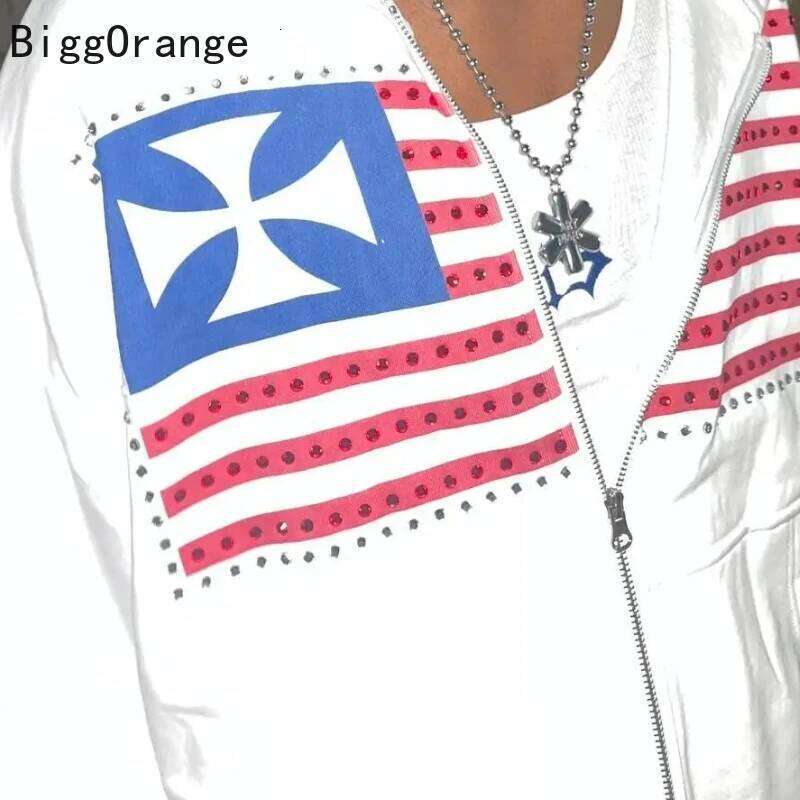 Sweatshirt Coat Rhinestone Embroidered Zipper Hoodie American Fashion Street Clothing Gothic Flag Men And Women Same Sweatshirt