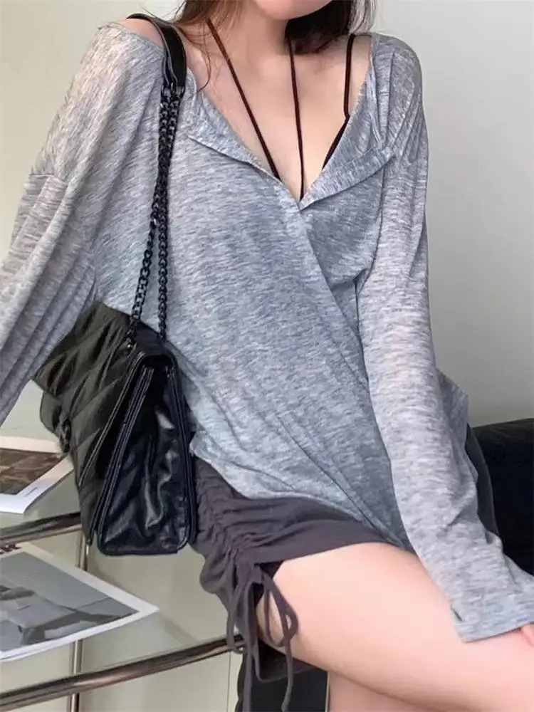 Girls Solid Casual Long Sleeve Tshirt Womens Smock Tops Sexy Thin Transparent Tee Shirts Korean Loose Streetwear 250729