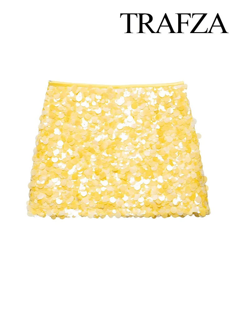 TRAFZA Women Summer Fashion Versatile High Waist Slim Sequin Mini Skirt Female Sexy Hip Side Zipper Punk Party Short Mujer 250730