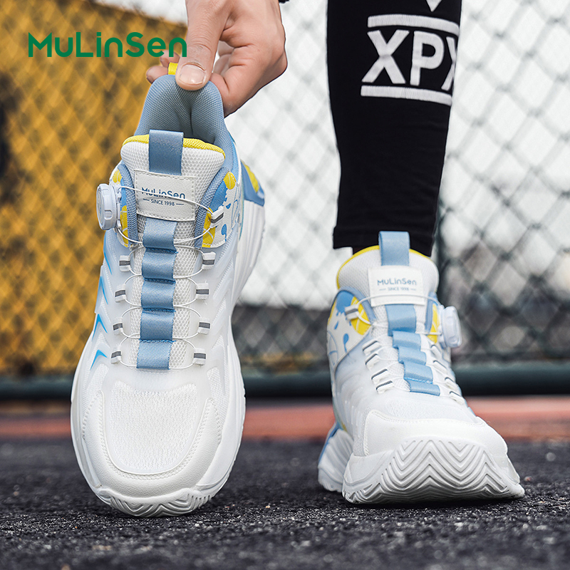 Mulinsen men's shoes rotating button summer mesh breathable running shoes youth shock absorption air cushion basketball sports shoes