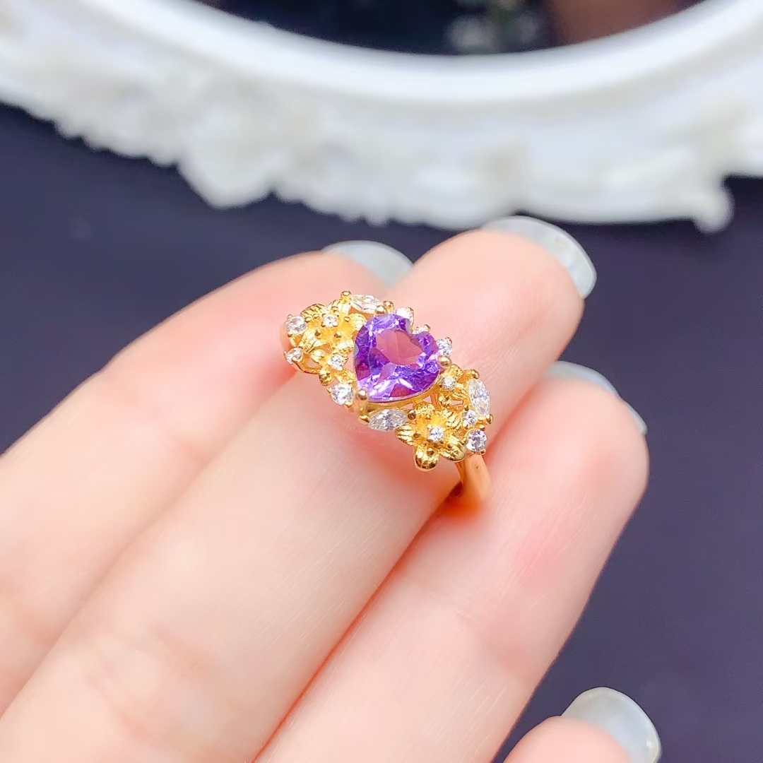Natural Amethyst 925 Silver Ring 6mm VVS Grade genuine Amethyst Ring for Party 3 Layer 18K Gold Plated crystal Jewelry