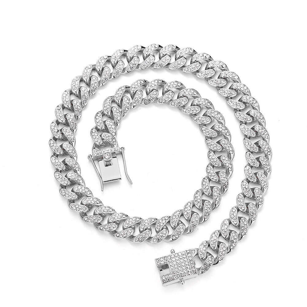 12mm Hip-Hop Trend Full Dia Chain Light Fashion Versatile Alloy Rhinestone Cuban Necklace