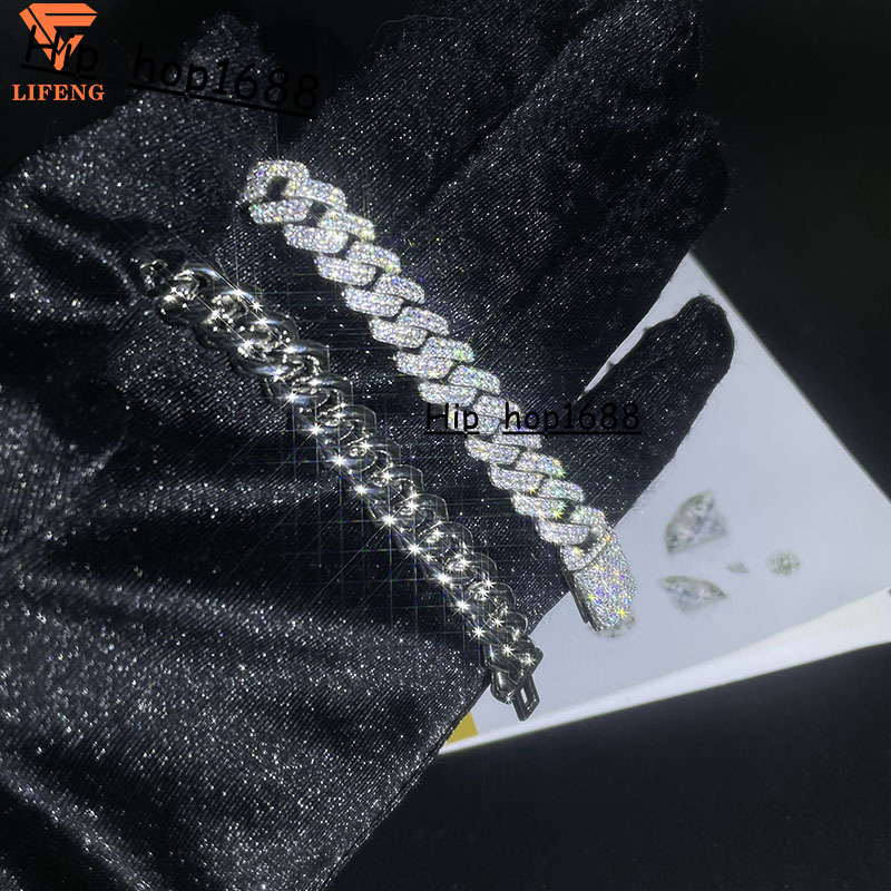 Lifeng Jewelry 10mm Men Women Moissanite Cuban Chain Necklace VVS Moissanite Hiphop Cuban Chain Silver Diamond Necklace