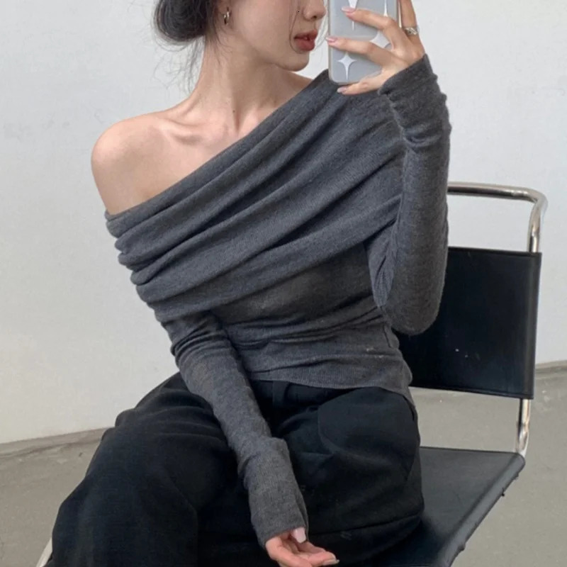 Autumn Women Long Sleeve Knitted Top Gray One Shoulder Sexy Y2k Women Sweater Winter Slim Solid Pullover Knitwear 250723