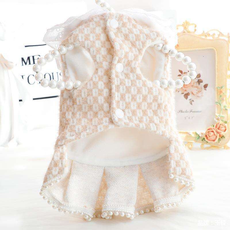 Clothes Autumn Winter Thick Cat Princess Cotton Dress Chanel Style Pearl Small Dog Teddy Pet 5453