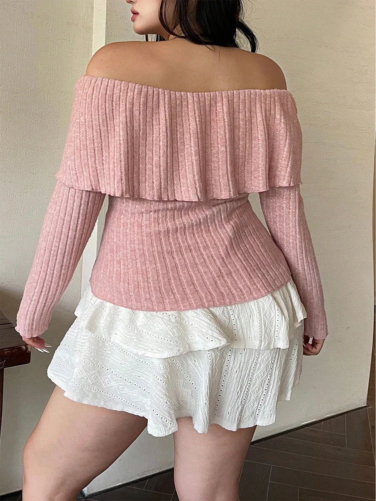 Plus Size Womens Solid Color Strapless Long Sleeve Simple TShirt Spring Daily Casual Dress Up Cute Wind Pure Polyester 250729