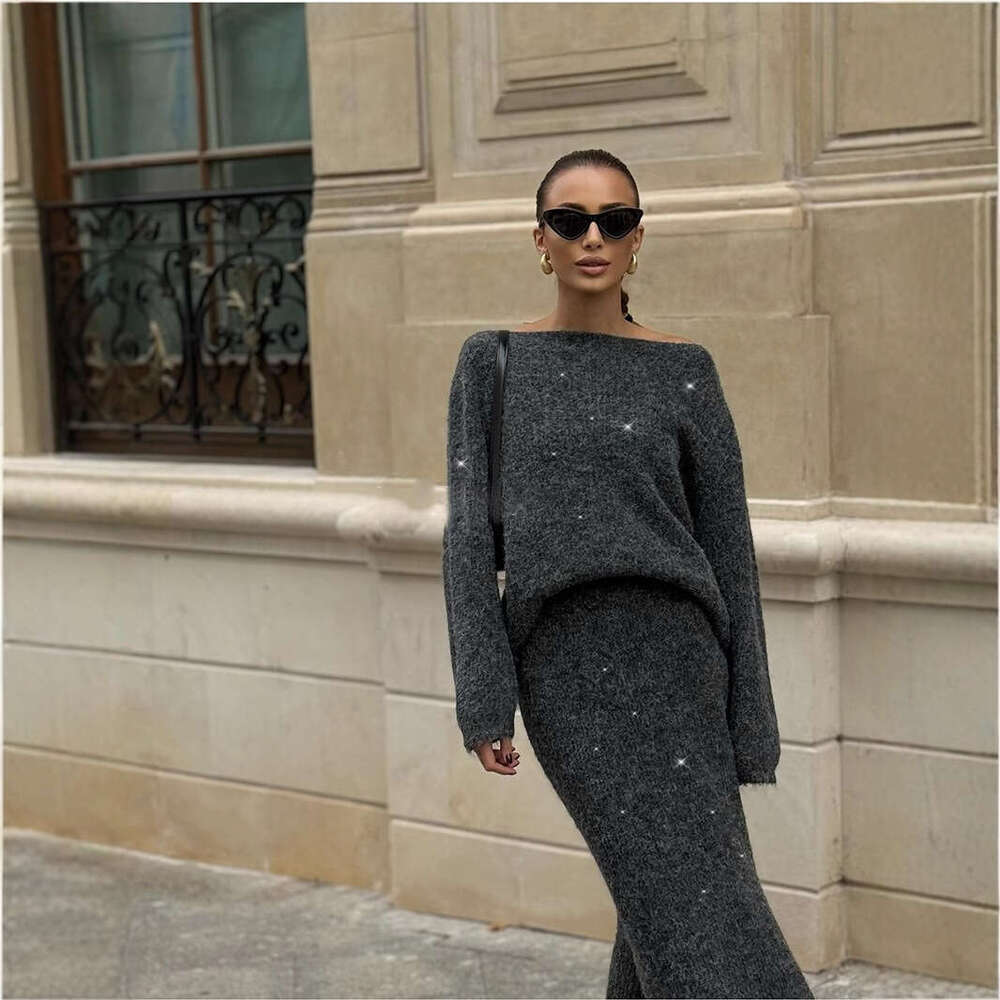 New Lazy Style Loose Top + Mermaid Skirt For Women Round Neck Knitted Sequin Set Shiny B5